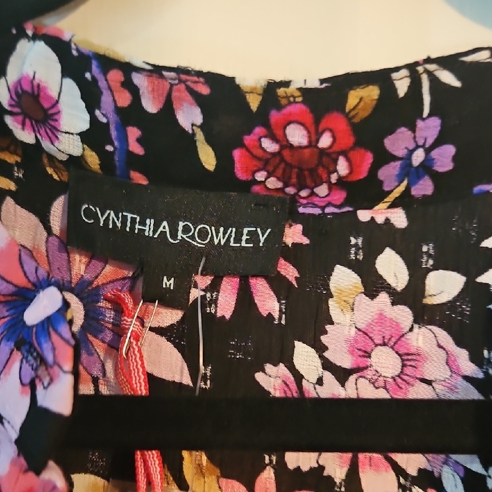 Cynthia Rowley Black Floral Tie-Front Blouse with Pink & Purple Blooms - Picture 3 of 5